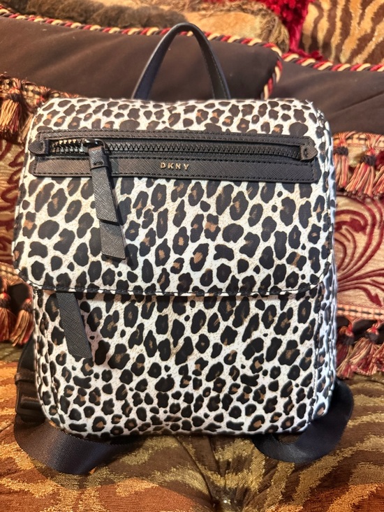 dkny mini backpack brown DKNY Black, White & Brown Leopard-Print Mini Backpack